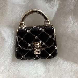 St. John vintage pin purse black enamel Swarovski crystal gold tone brooch